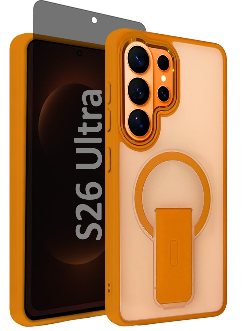 CATANES Magnetic Ring Kickstand Case for Galaxy S26 Ultra – Frosted Protective Back with Grip Holder with Privacy Screen Protector - Orange - Image 1